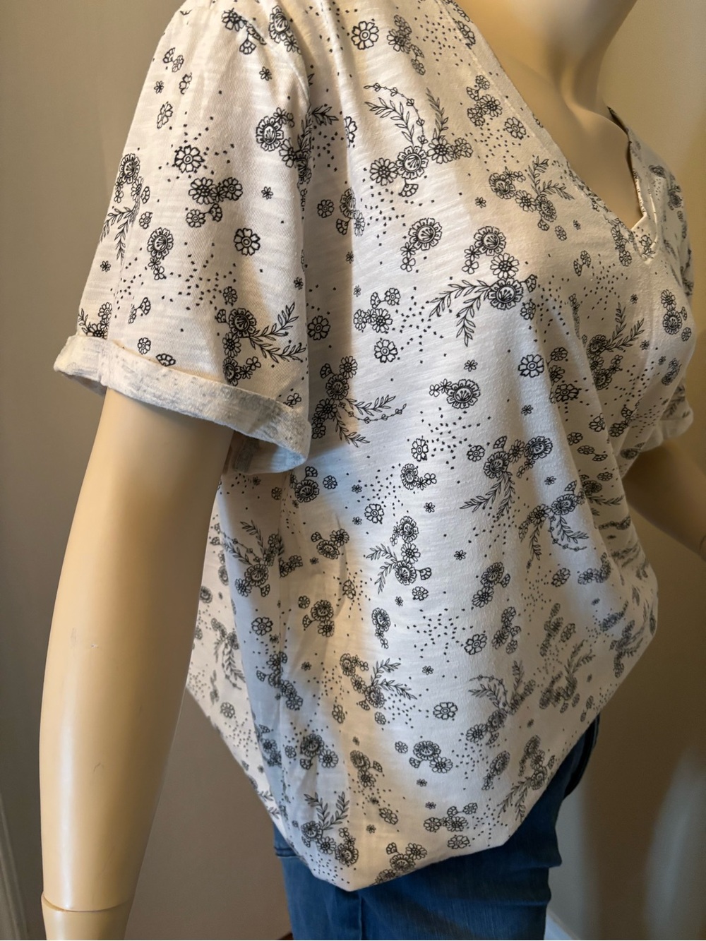 Love & Legend White V-Neck Short Sleeve Top with Black Floral Print